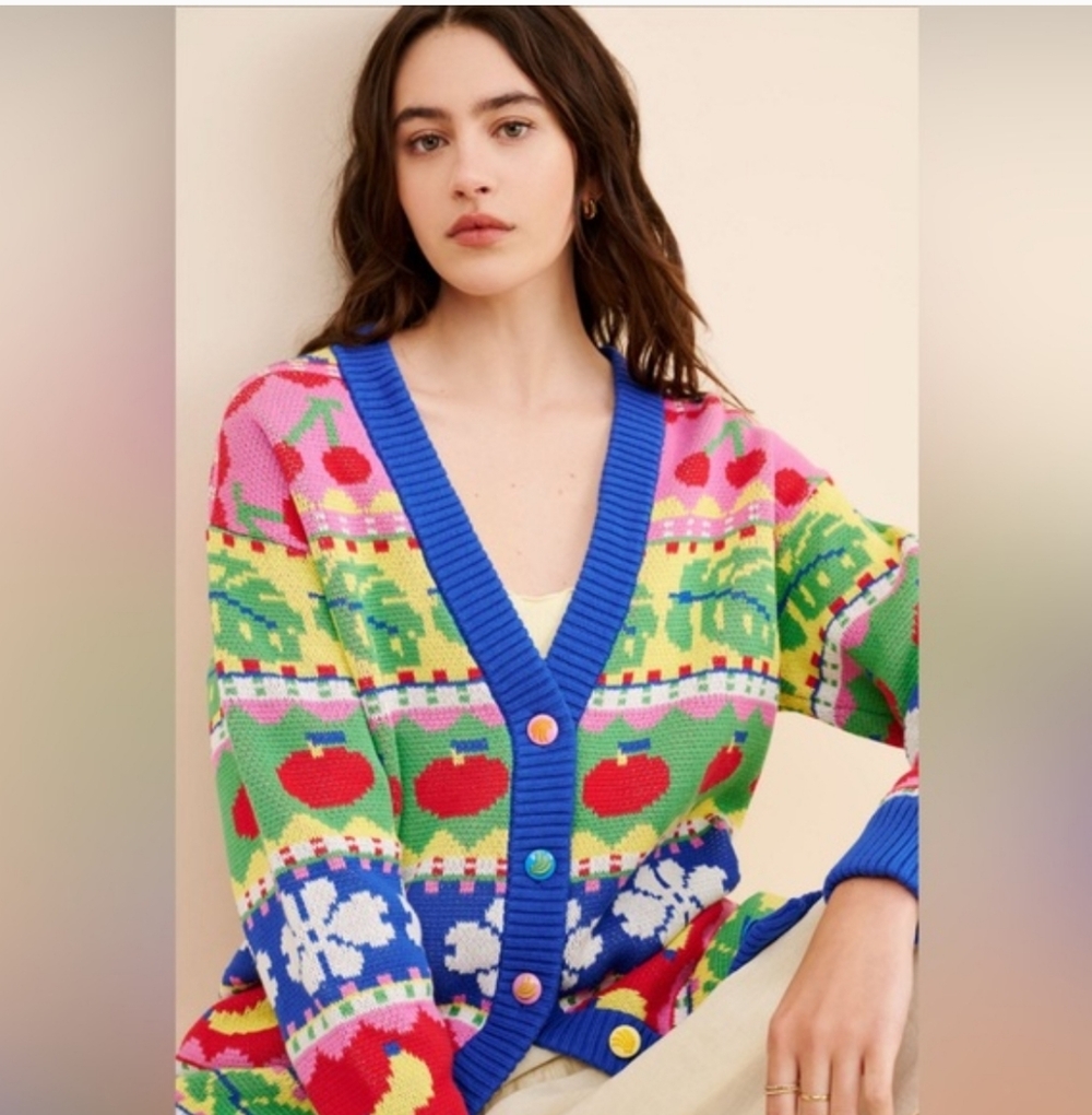 Vintage-Inspired Multicolor Fruit Print Cardigan Sweater - Blue Trim